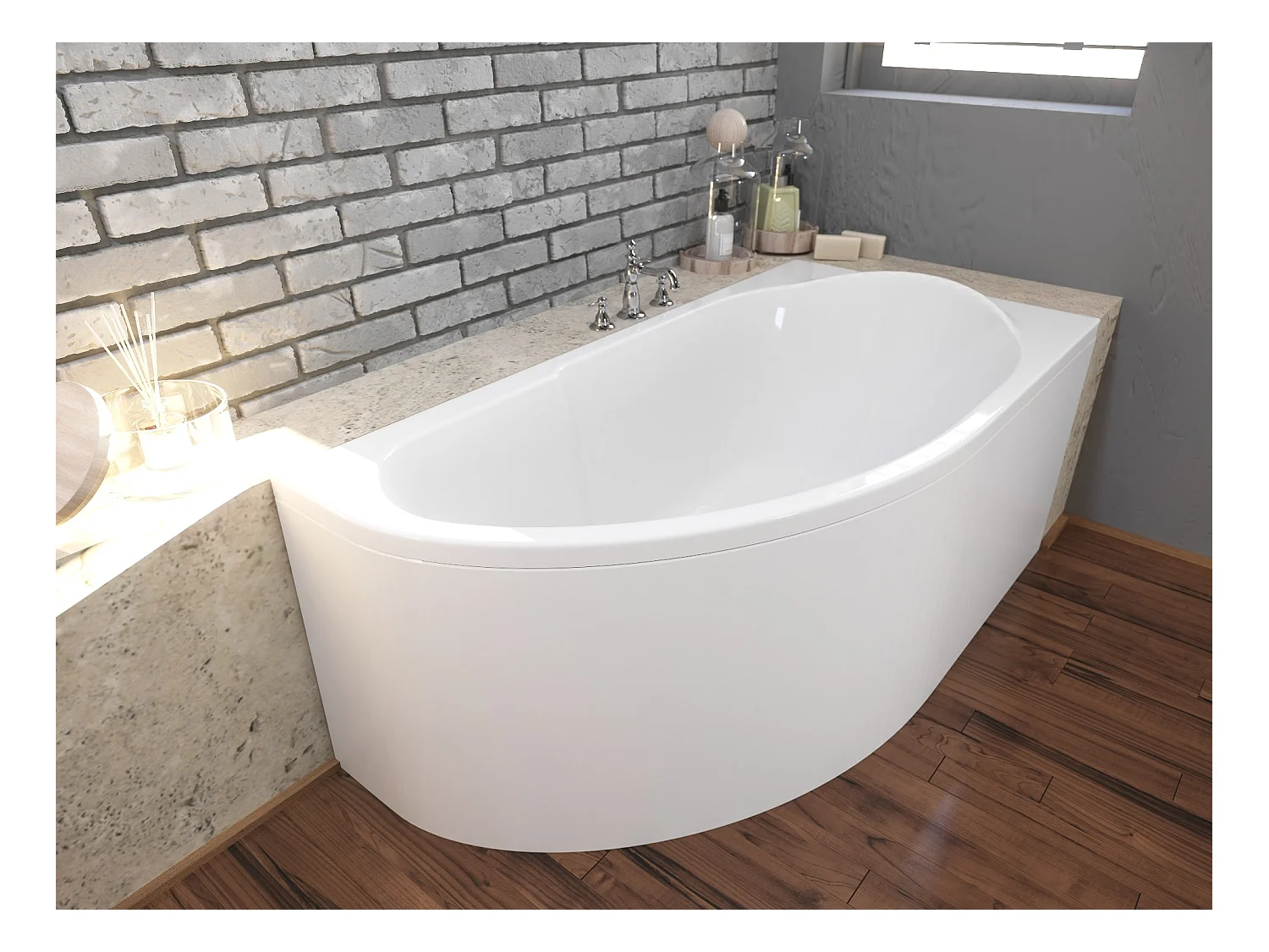 Baignoire asymétrique 140x70 Droite MIKI acrylique blanc + avec Tablier + Pieds + Vidage à chromé