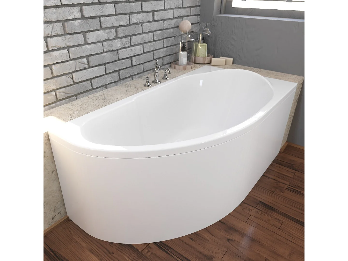 Baignoire asymétrique 140x70 Droite MIKI acrylique blanc + avec Tablier + Pieds + Vidage à chromé