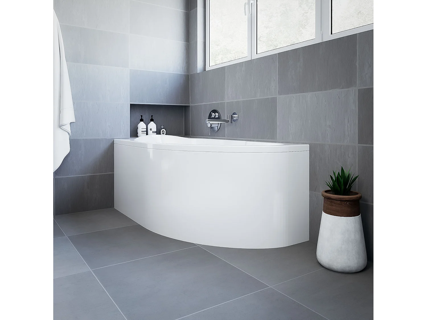 Baignoire asymétrique 140x70 Droite MIKI acrylique blanc + avec Tablier + Pieds + Vidage à chromé