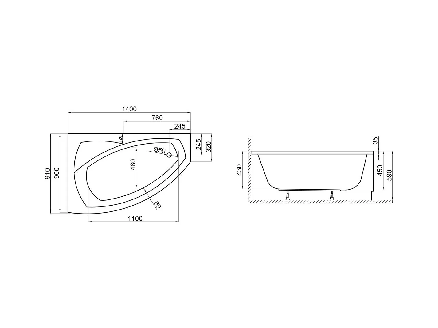 Badewanne Eckwanne FRIDA 140x90 Rechts mit Styroporverkleidung | Ablauf & Füße GRATIS !
