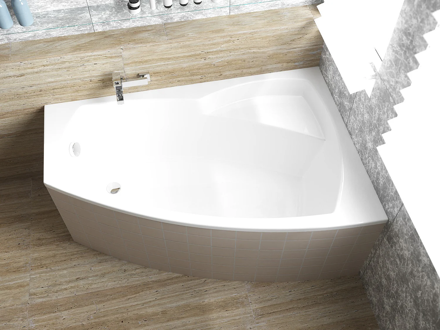 Baignoire asymétrique 140x90 Droite FRIDA acrylique blanc + Habillage en polystyrène + Pieds + Vidage à chromé