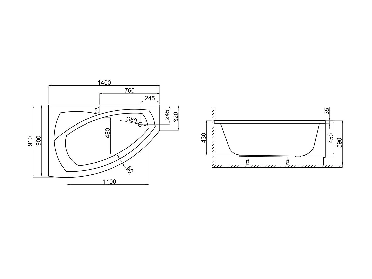 Badewanne Eckwanne FRIDA 140x90 Links mit AcrylSchürze | Ablauf & Füße GRATIS !