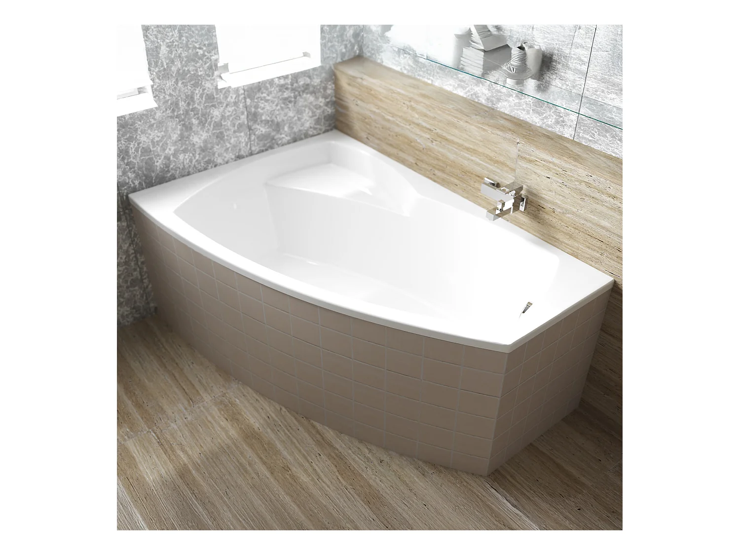 Baignoire asymétrique 140x80 Gauche FRIDA acrylique blanc + Habillage en polystyrène + Pieds + Vidage à chromé