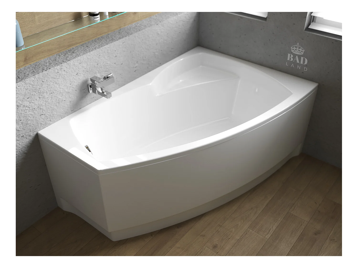 Baignoire asymétrique 140x80 Droite FRIDA acrylique blanc, sans Habillage + Pieds + Vidage à chromé