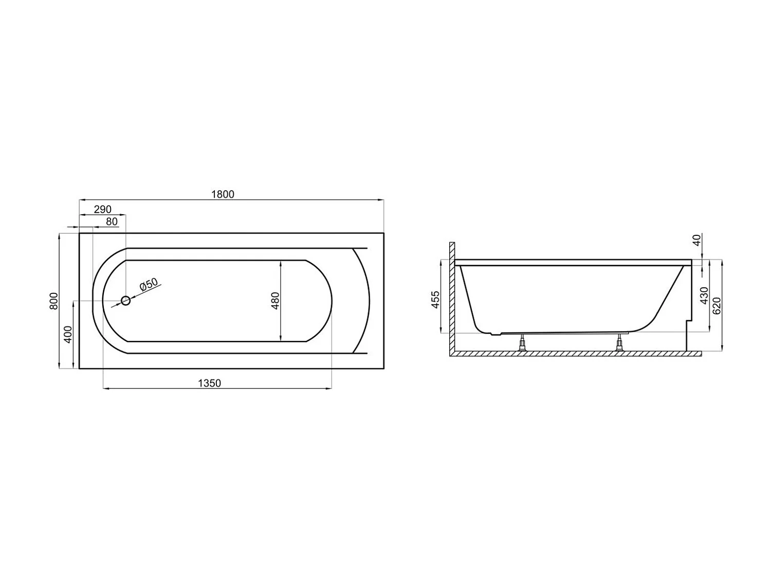 Baignoire rectangulaire 180x80 CLASSIC acrylique blanc, sans Habillage + Pieds + Vidage à chromé