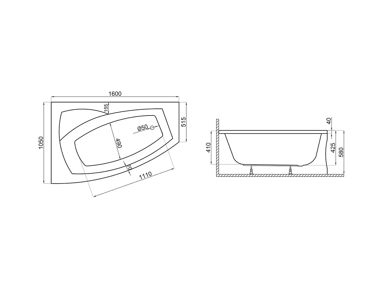 Badewanne Eckwanne FRIDA 160x105 Links | Ablauf & Füße GRATIS !