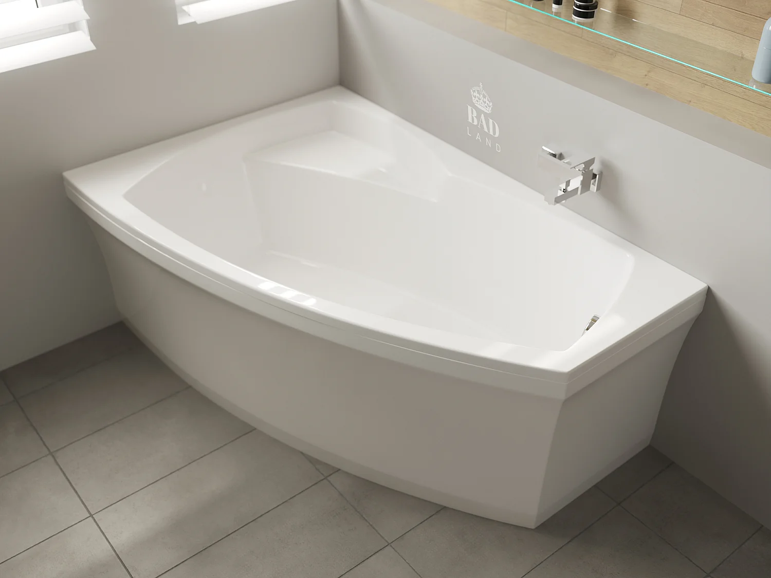 Baignoire asymétrique 160x105 Gauche FRIDA acrylique blanc, sans Habillage + Pieds + Vidage à chromé