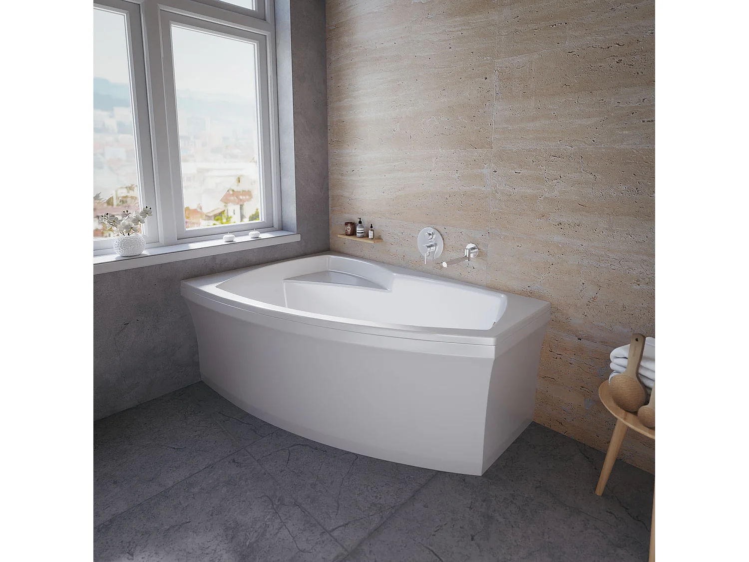 Baignoire asymétrique 160x105 Gauche FRIDA acrylique blanc, sans Habillage + Pieds + Vidage à chromé