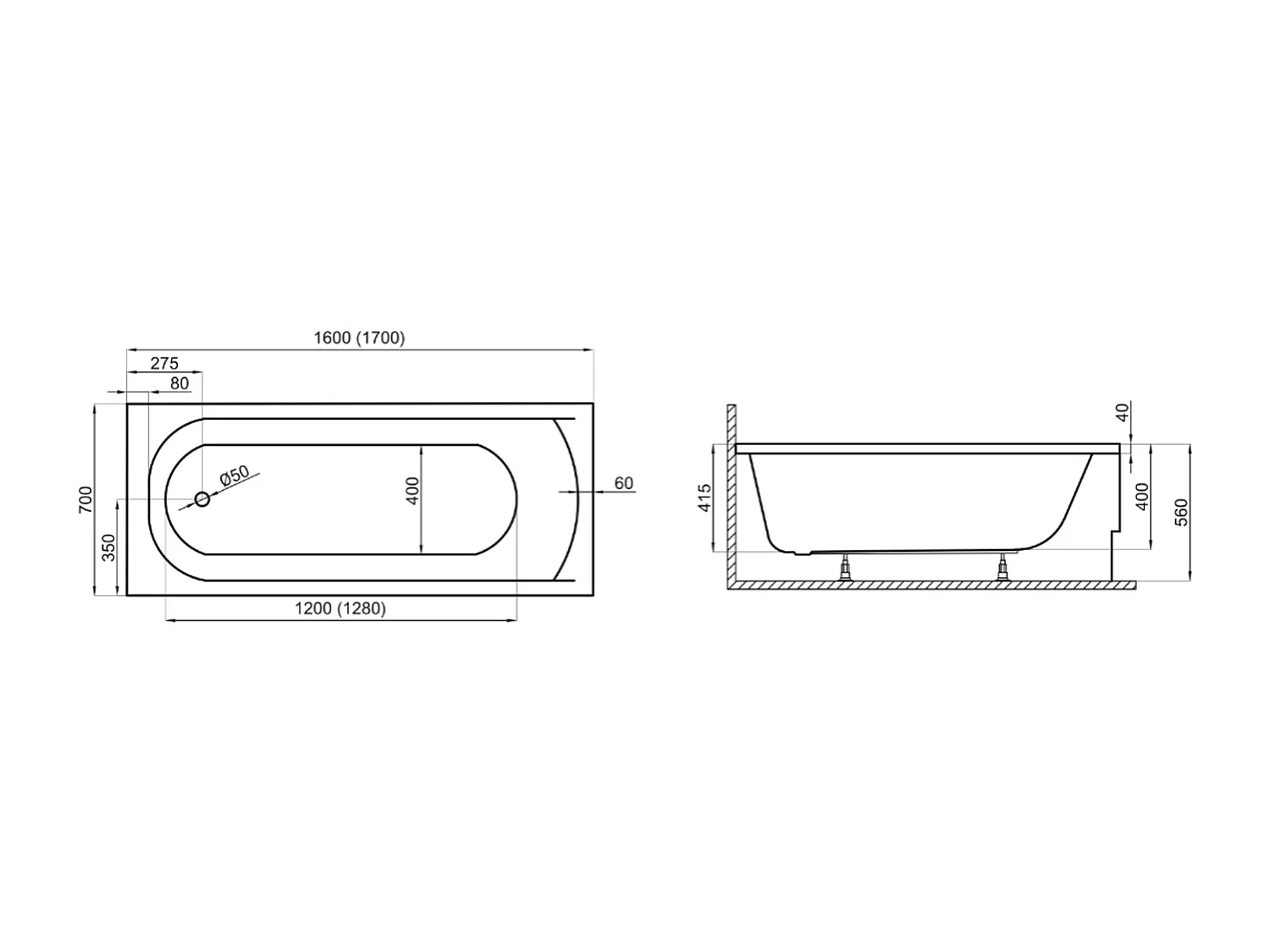 Baignoire rectangulaire 170x70 CLASSIC acrylique blanc + Support stabilisateur en polystyrène + Pieds + Vidage à chromé