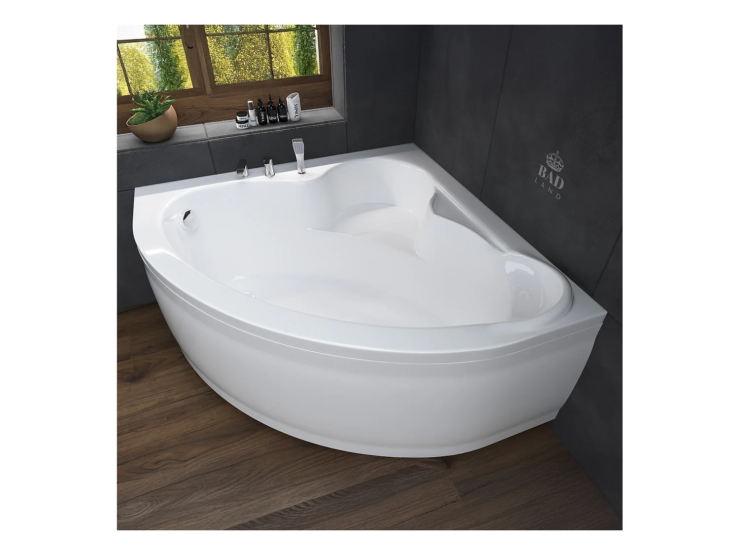 Baignoire asymétrique 130x130 STANDARD acrylique blanc + avec Tablier + Pieds + Vidage à chromé