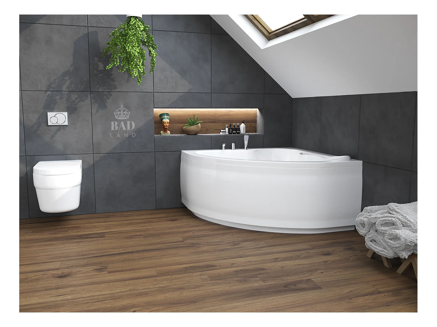 Baignoire asymétrique 130x130 STANDARD acrylique blanc + avec Tablier + Pieds + Vidage à chromé