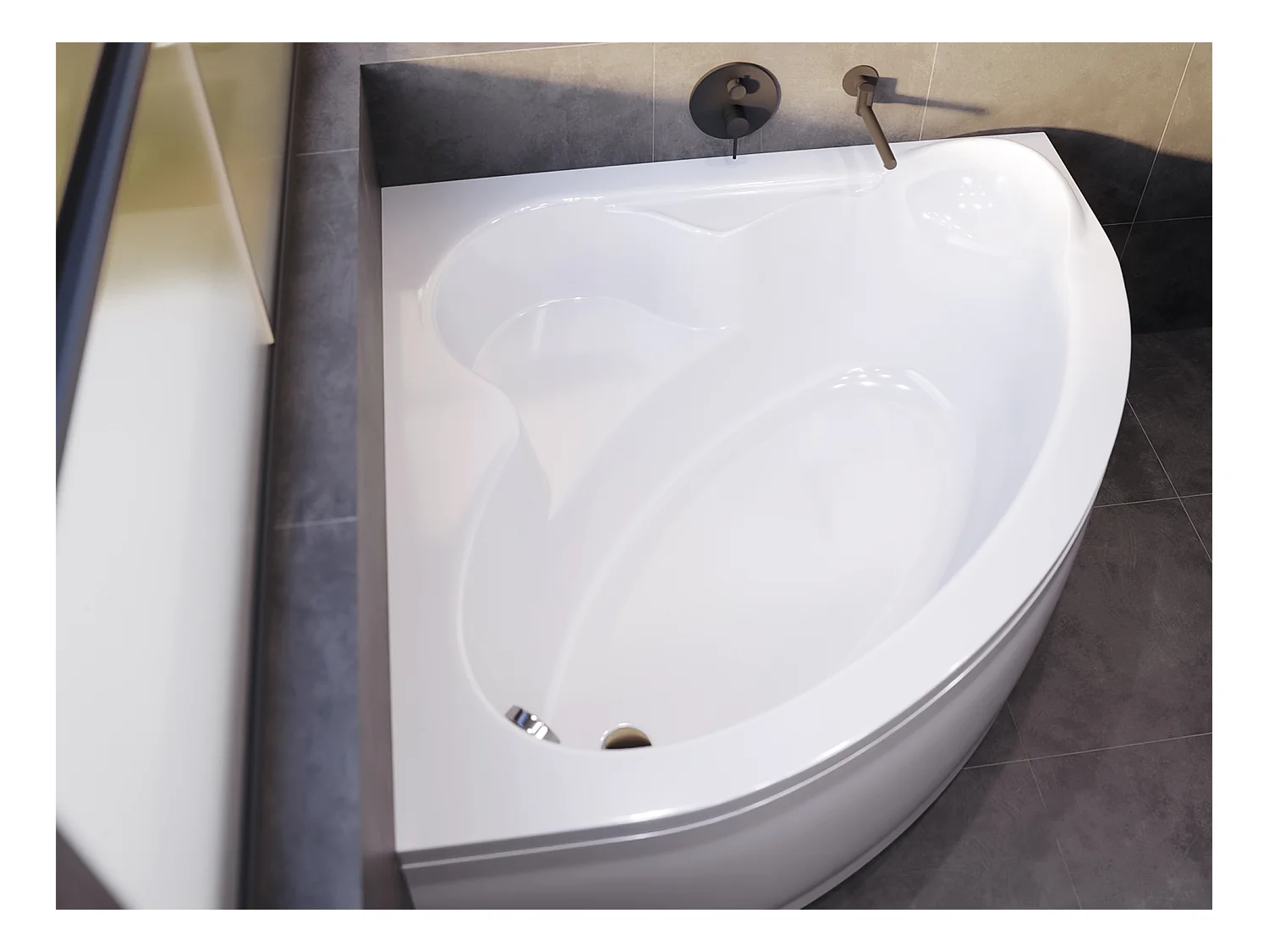 Baignoire asymétrique 130x130 STANDARD acrylique blanc + avec Tablier + Pieds + Vidage à chromé