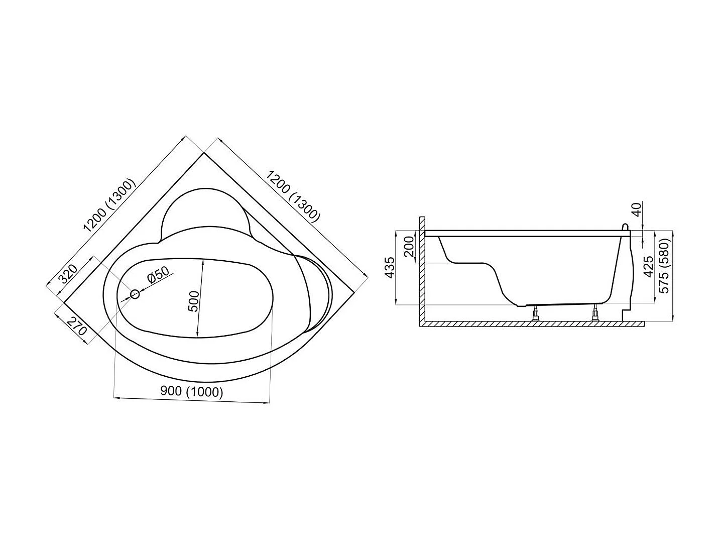 Baignoire asymétrique 130x130 STANDARD acrylique blanc + avec Tablier + Pieds + Vidage à chromé
