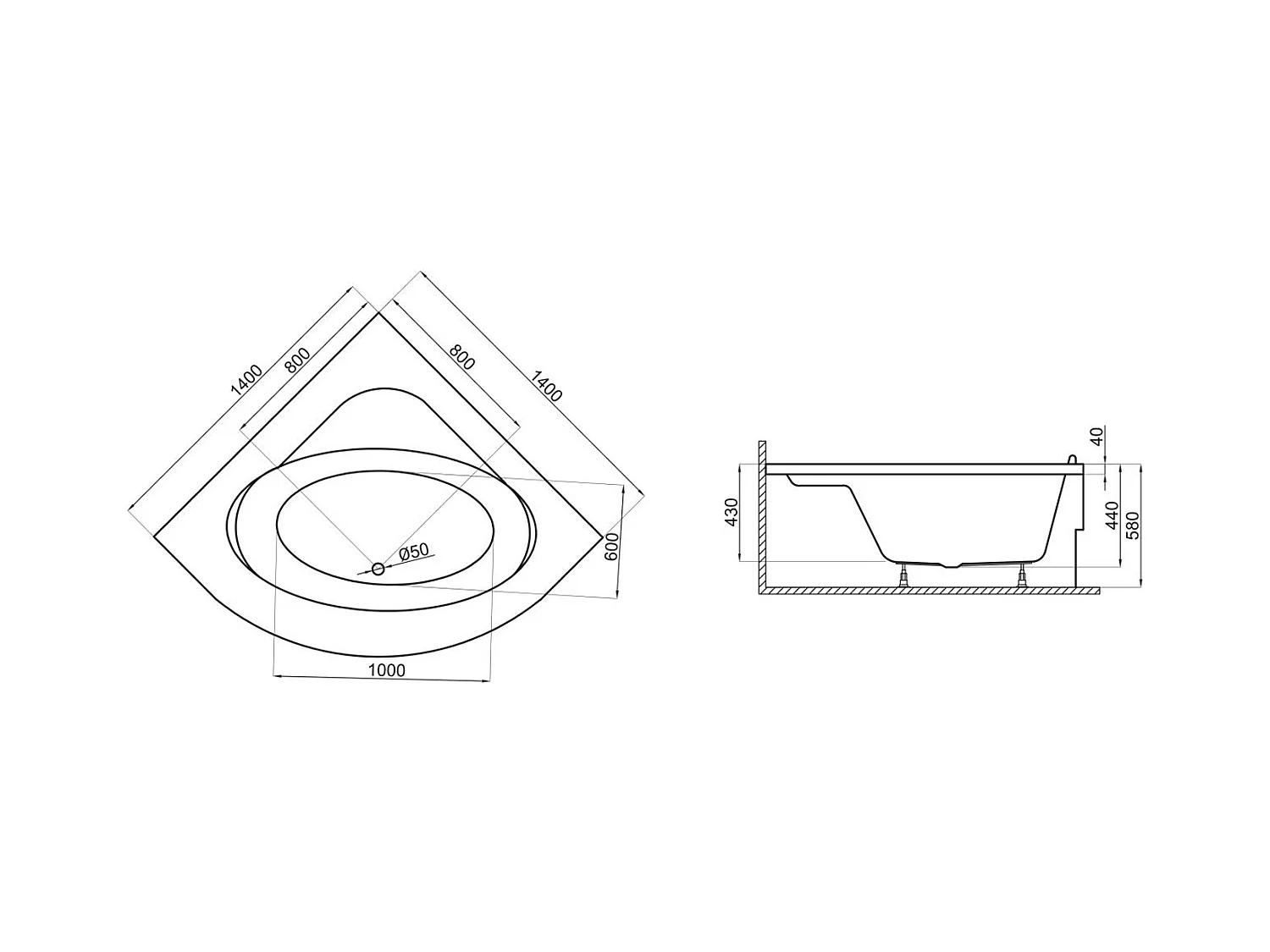 Baignoire asymétrique 150x150 STANDARD acrylique blanc, sans Habillage + Pieds + Vidage à chromé