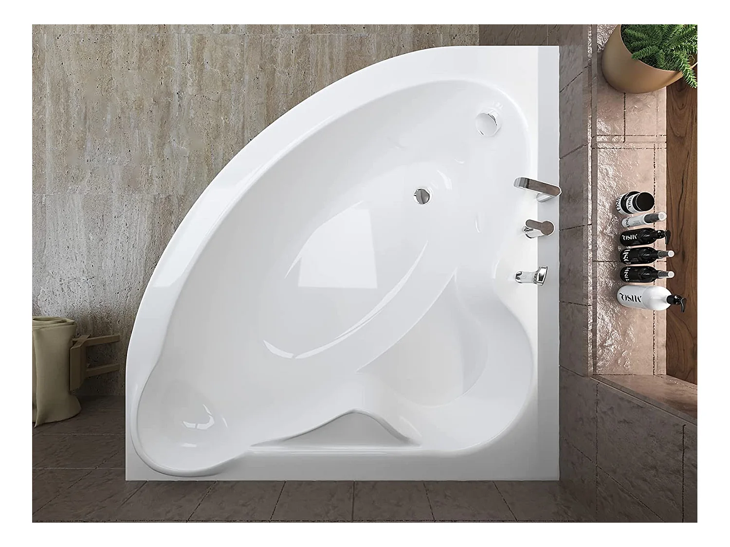 Baignoire asymétrique 130x130 STANDARD acrylique blanc + Habillage en polystyrène + Pieds + Vidage à chromé