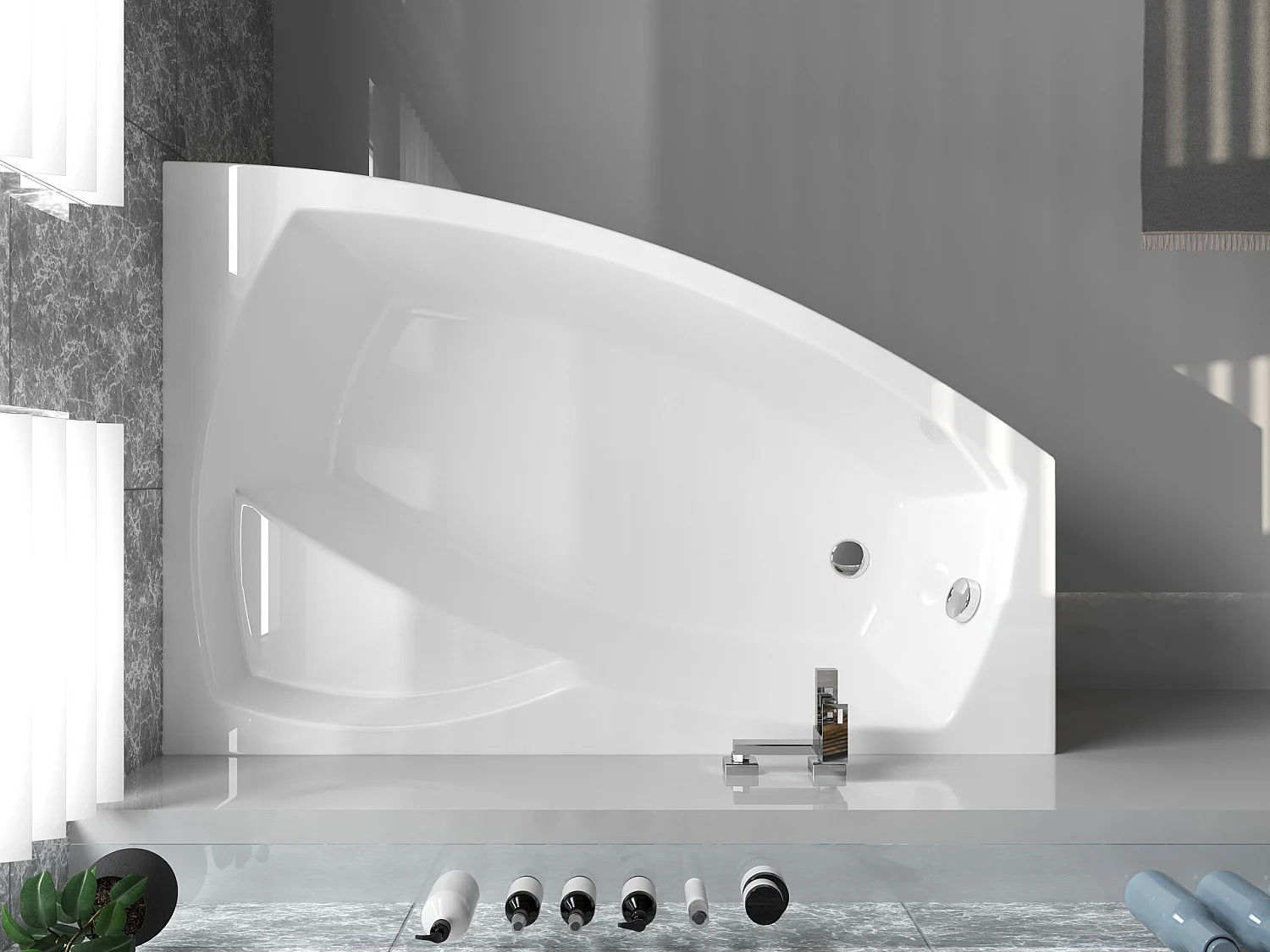 Baignoire asymétrique 140x80 Droite FRIDA acrylique blanc + Habillage en polystyrène + Pieds + Vidage à chromé