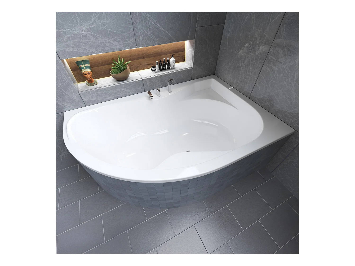 Baignoire asymétrique 170x110 Droite DORA acrylique blanc + Habillage en polystyrène + Pieds + Vidage à chromé