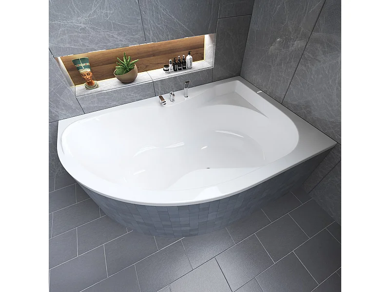 Baignoire asymétrique 170x110 Droite DORA acrylique blanc + Habillage en polystyrène + Pieds + Vidage à chromé