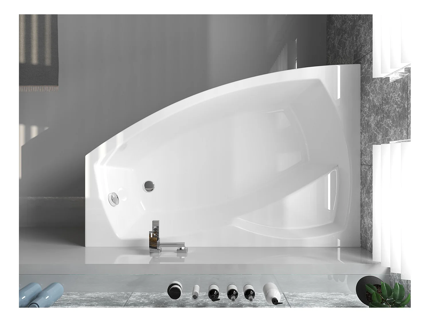 Baignoire asymétrique 150x90 Gauche FRIDA acrylique blanc + Habillage en polystyrène + Pieds + Vidage à chromé