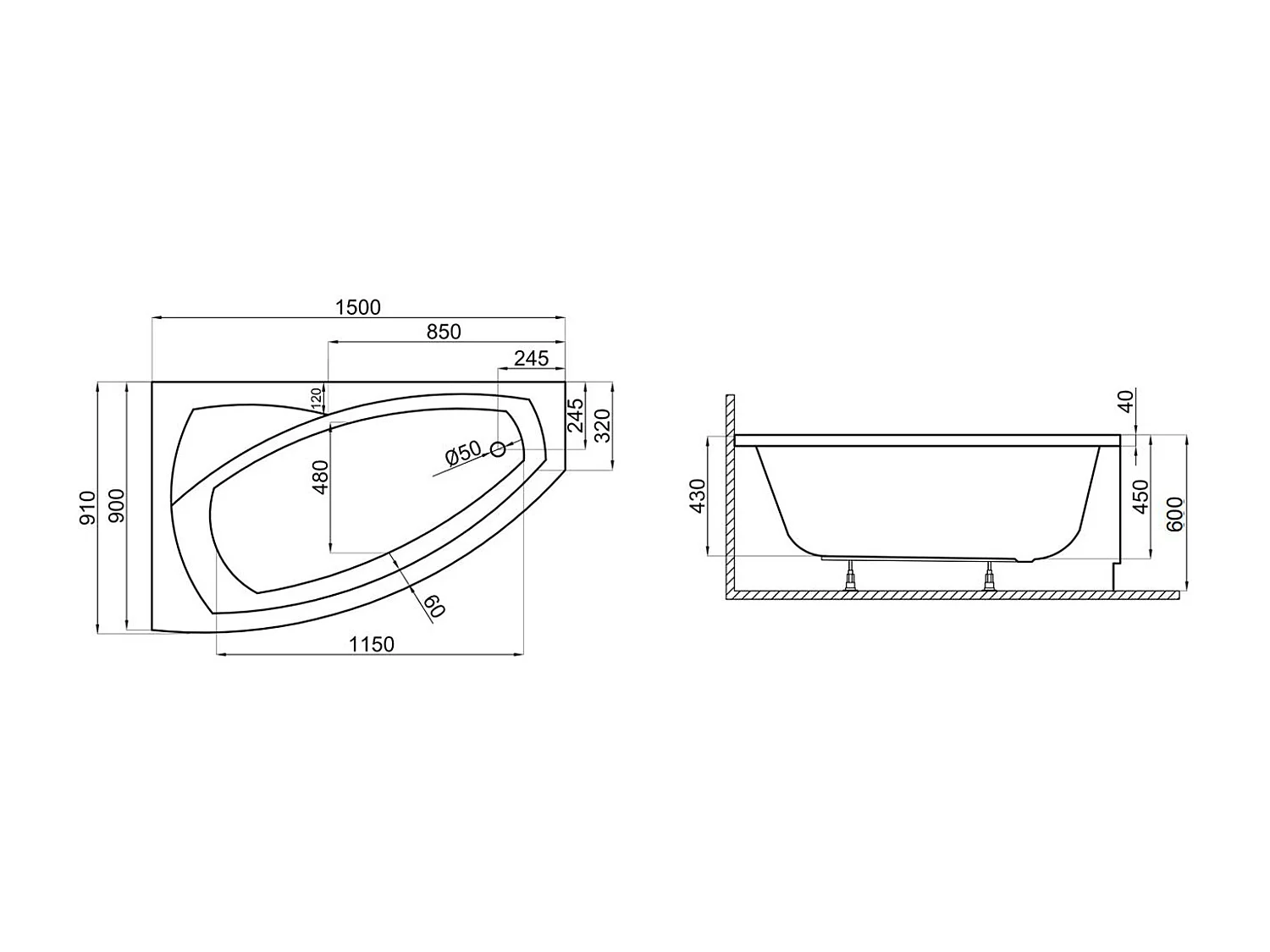 Baignoire asymétrique 150x90 Gauche FRIDA acrylique blanc + Habillage en polystyrène + Pieds + Vidage à chromé
