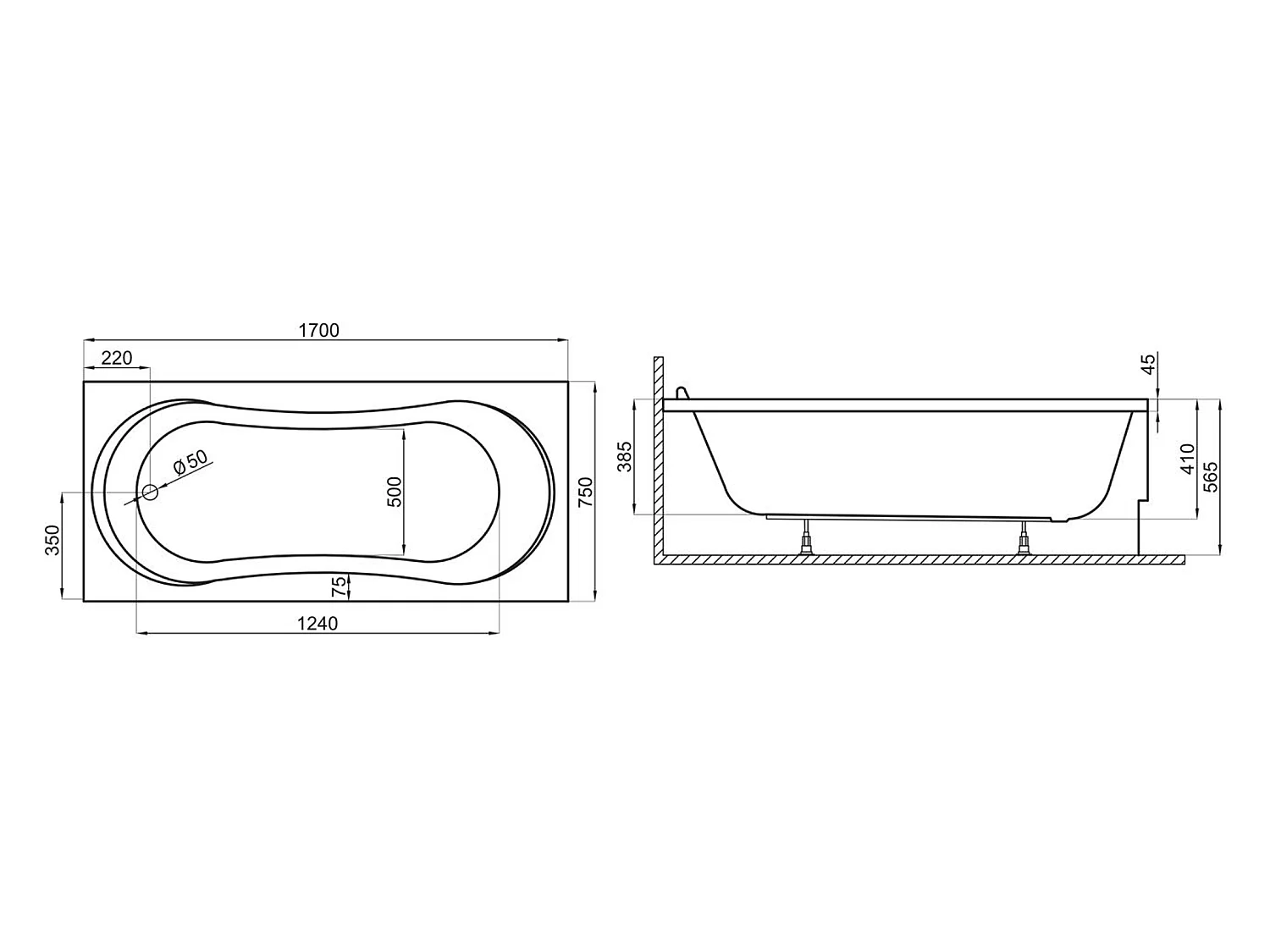 Baignoire rectangulaire 170x70 GRACJA acrylique blanc + Habillage en polystyrène + Pieds + Vidage à chromé