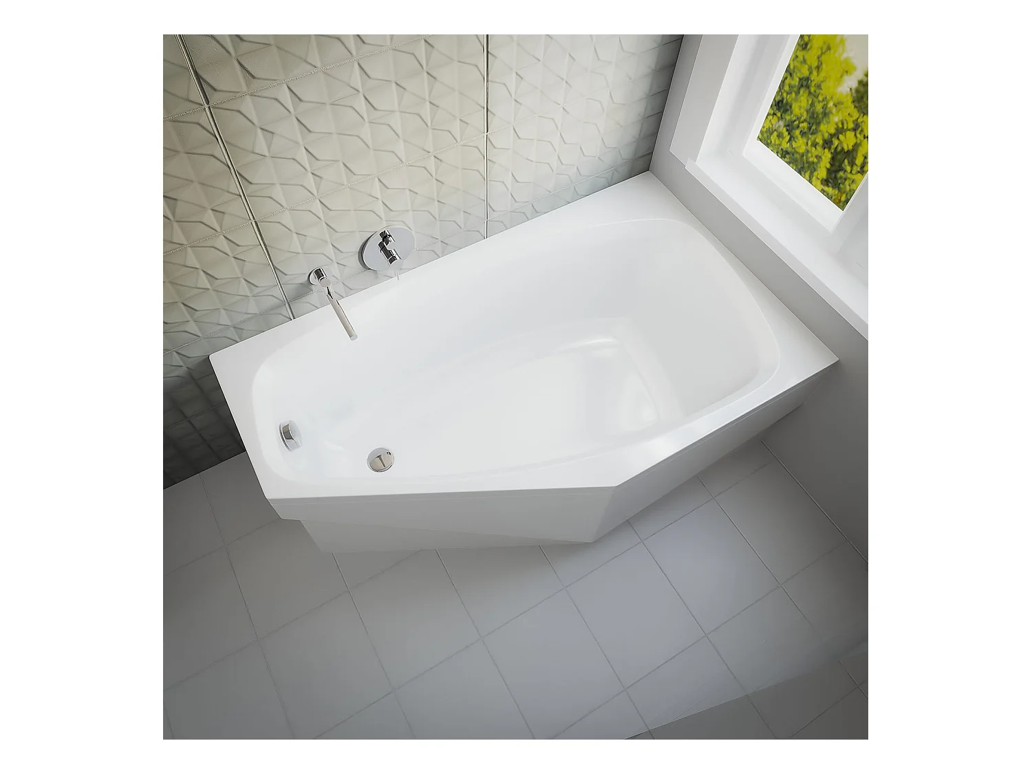 Baignoire asymétrique 140x80 Droite MARIKA acrylique blanc + avec Tablier + Pieds + Vidage à chromé