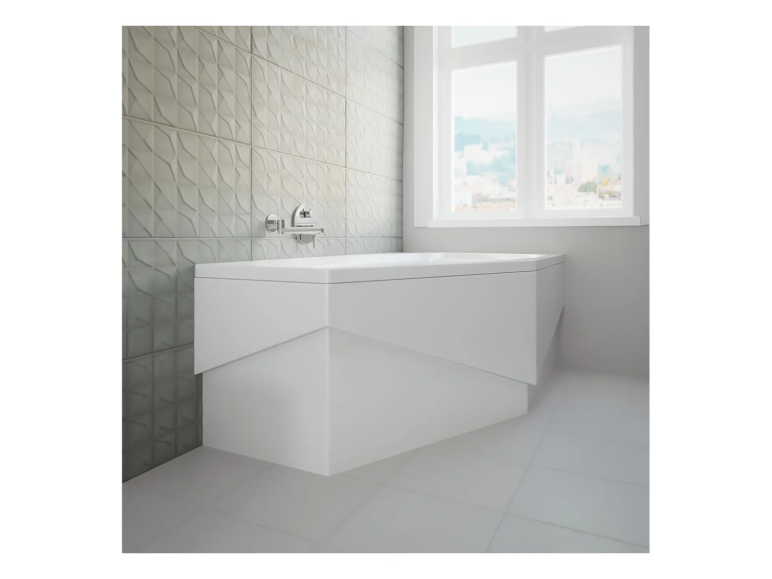 Baignoire asymétrique 140x80 Droite MARIKA acrylique blanc + avec Tablier + Pieds + Vidage à chromé