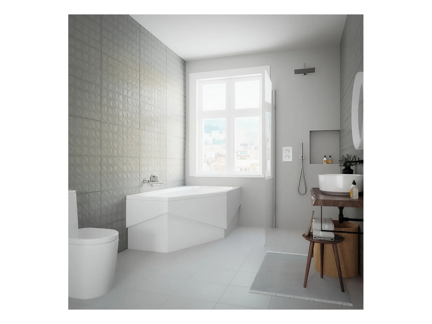 Baignoire asymétrique 140x80 Droite MARIKA acrylique blanc + avec Tablier + Pieds + Vidage à chromé