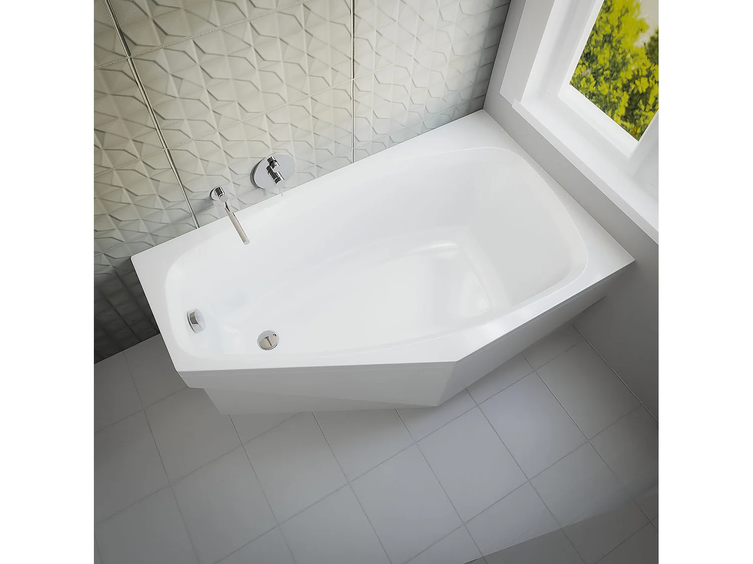 Baignoire asymétrique 140x80 Droite MARIKA acrylique blanc + avec Tablier + Pieds + Vidage à chromé