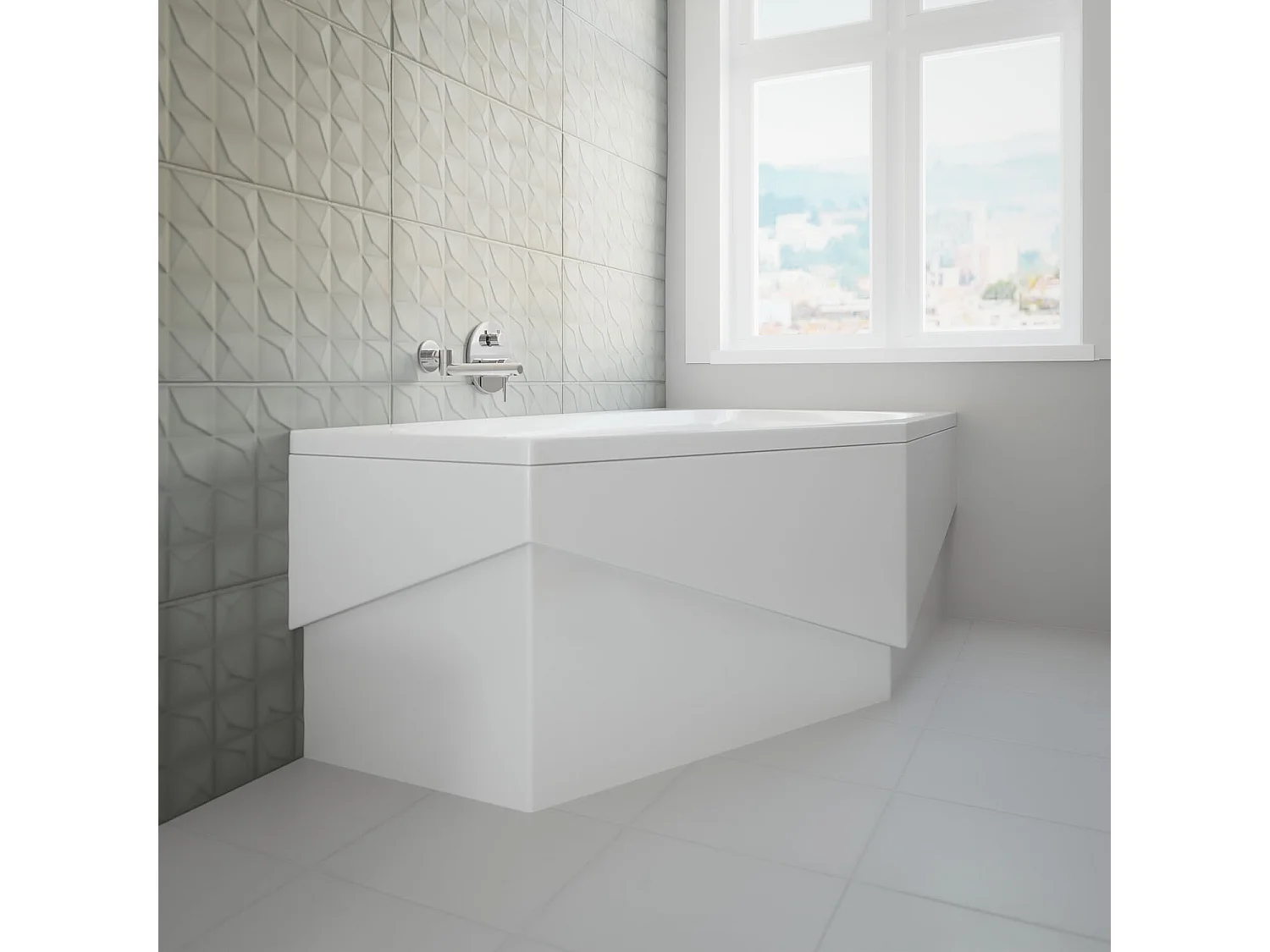 Baignoire asymétrique 140x80 Droite MARIKA acrylique blanc + avec Tablier + Pieds + Vidage à chromé