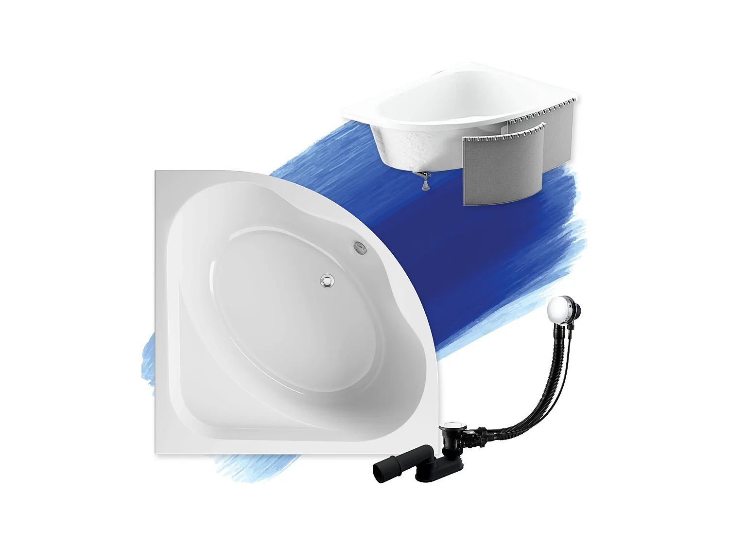 Baignoire asymétrique 150x150 STANDARD acrylique blanc + Habillage en polystyrène + Pieds + Vidage à chromé