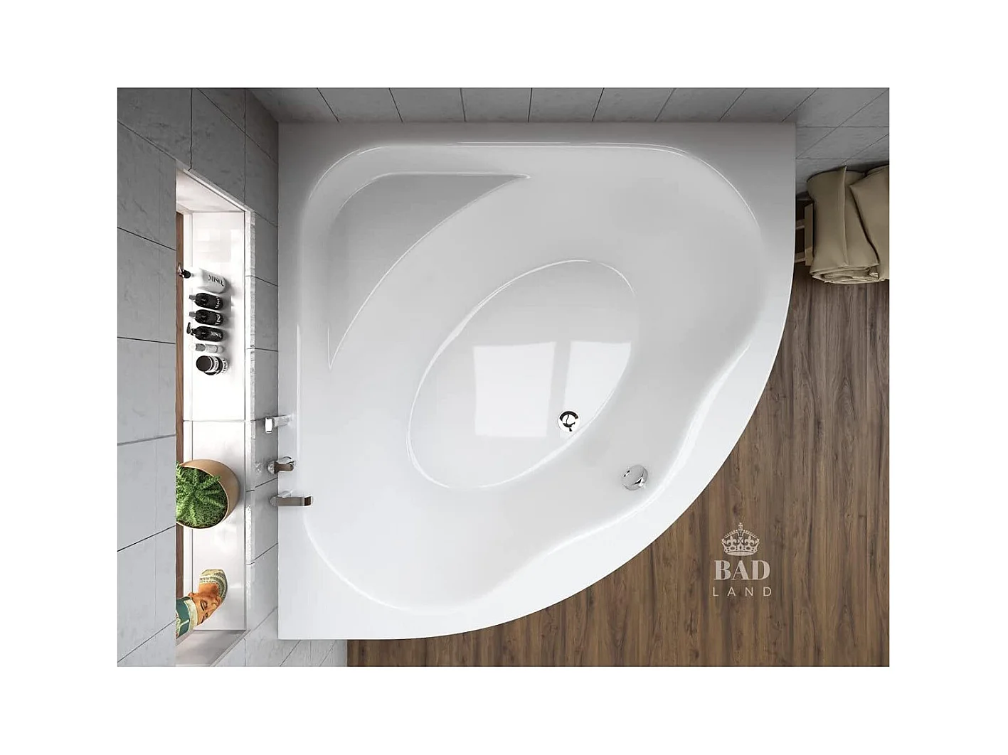 Baignoire asymétrique 150x150 STANDARD acrylique blanc + Habillage en polystyrène + Pieds + Vidage à chromé