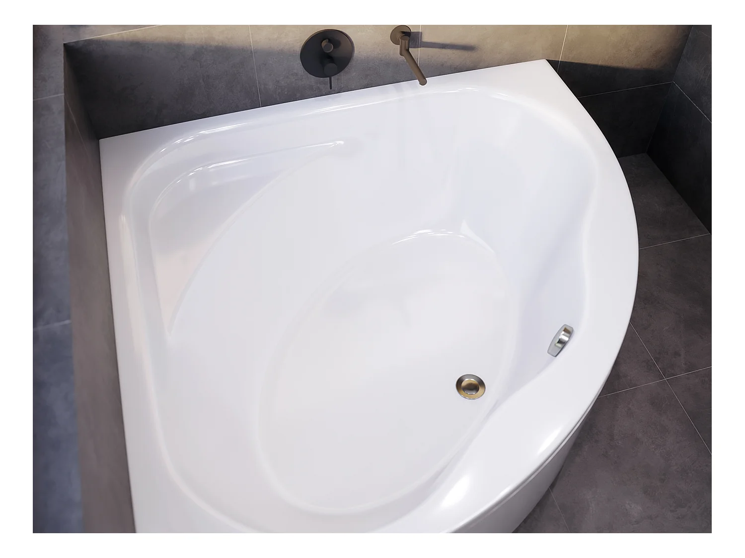 Baignoire asymétrique 150x150 STANDARD acrylique blanc + Habillage en polystyrène + Pieds + Vidage à chromé