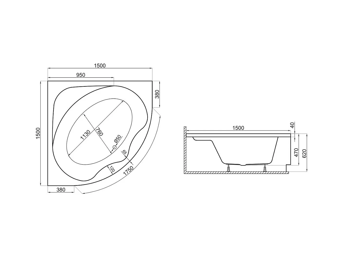 Baignoire asymétrique 150x150 STANDARD acrylique blanc + Habillage en polystyrène + Pieds + Vidage à chromé