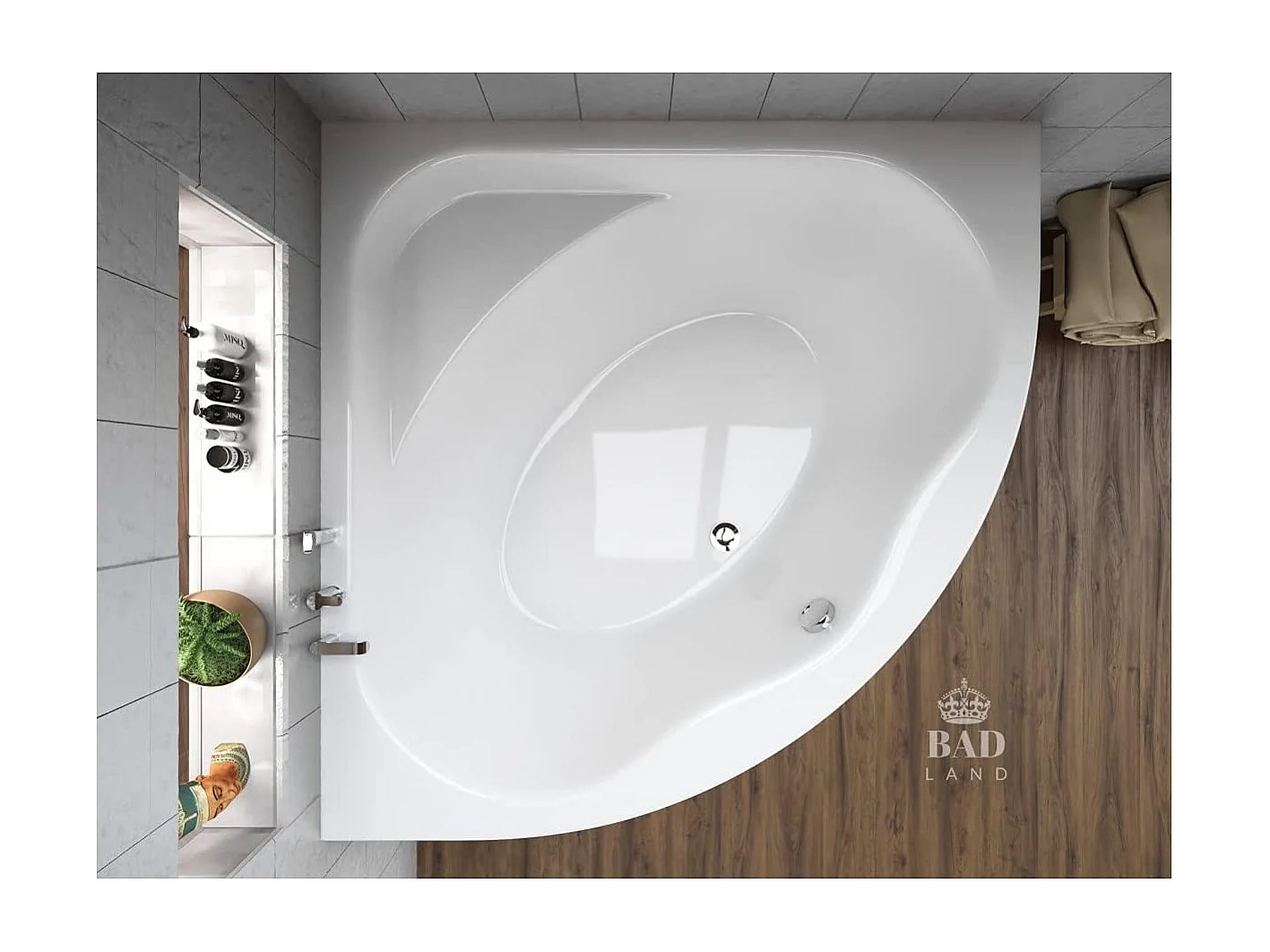 Baignoire asymétrique 150x150 STANDARD acrylique blanc + Habillage en polystyrène + Pieds + Vidage à chromé