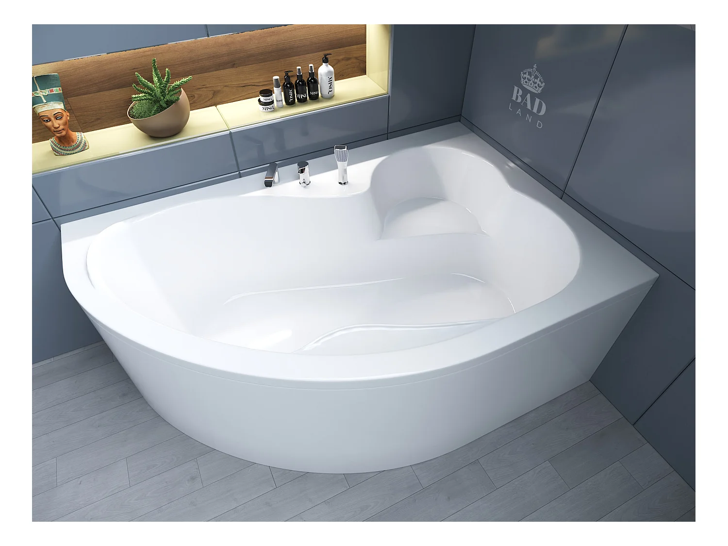 Baignoire asymétrique 160x105 Droite MEGA acrylique blanc, sans Habillage + Pieds + Vidage à chromé