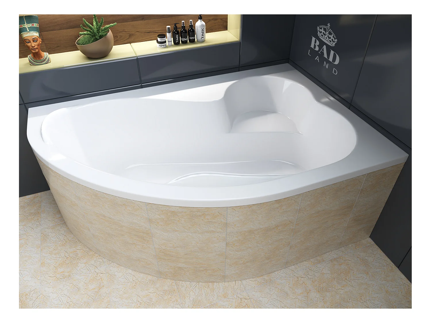 Baignoire asymétrique 160x105 Droite MEGA acrylique blanc, sans Habillage + Pieds + Vidage à chromé