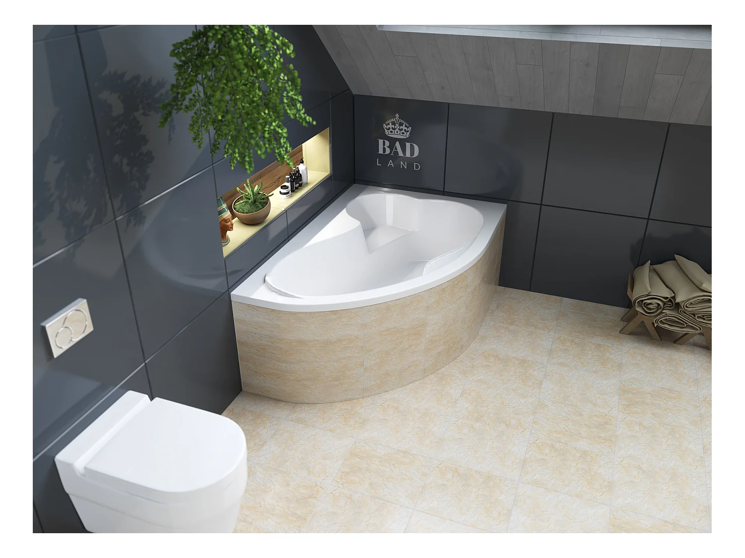 Baignoire asymétrique 160x105 Droite MEGA acrylique blanc, sans Habillage + Pieds + Vidage à chromé