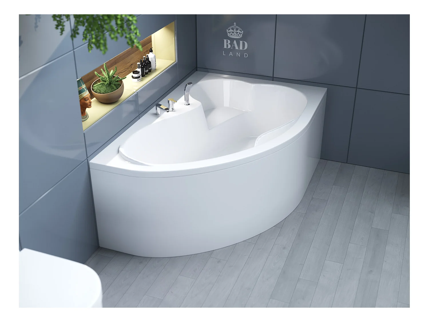 Baignoire asymétrique 160x105 Droite MEGA acrylique blanc, sans Habillage + Pieds + Vidage à chromé