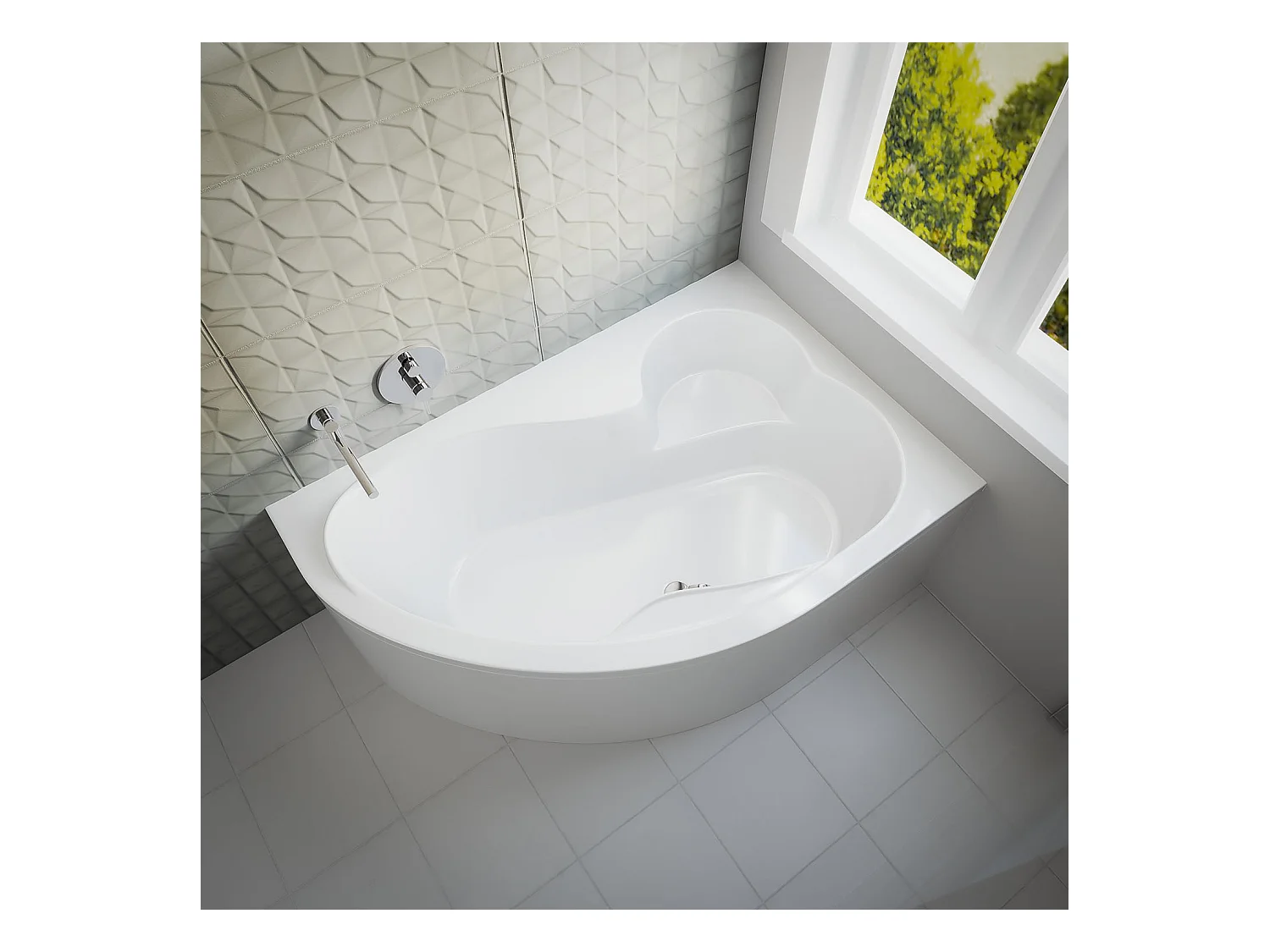 Baignoire asymétrique 160x105 Droite MEGA acrylique blanc, sans Habillage + Pieds + Vidage à chromé