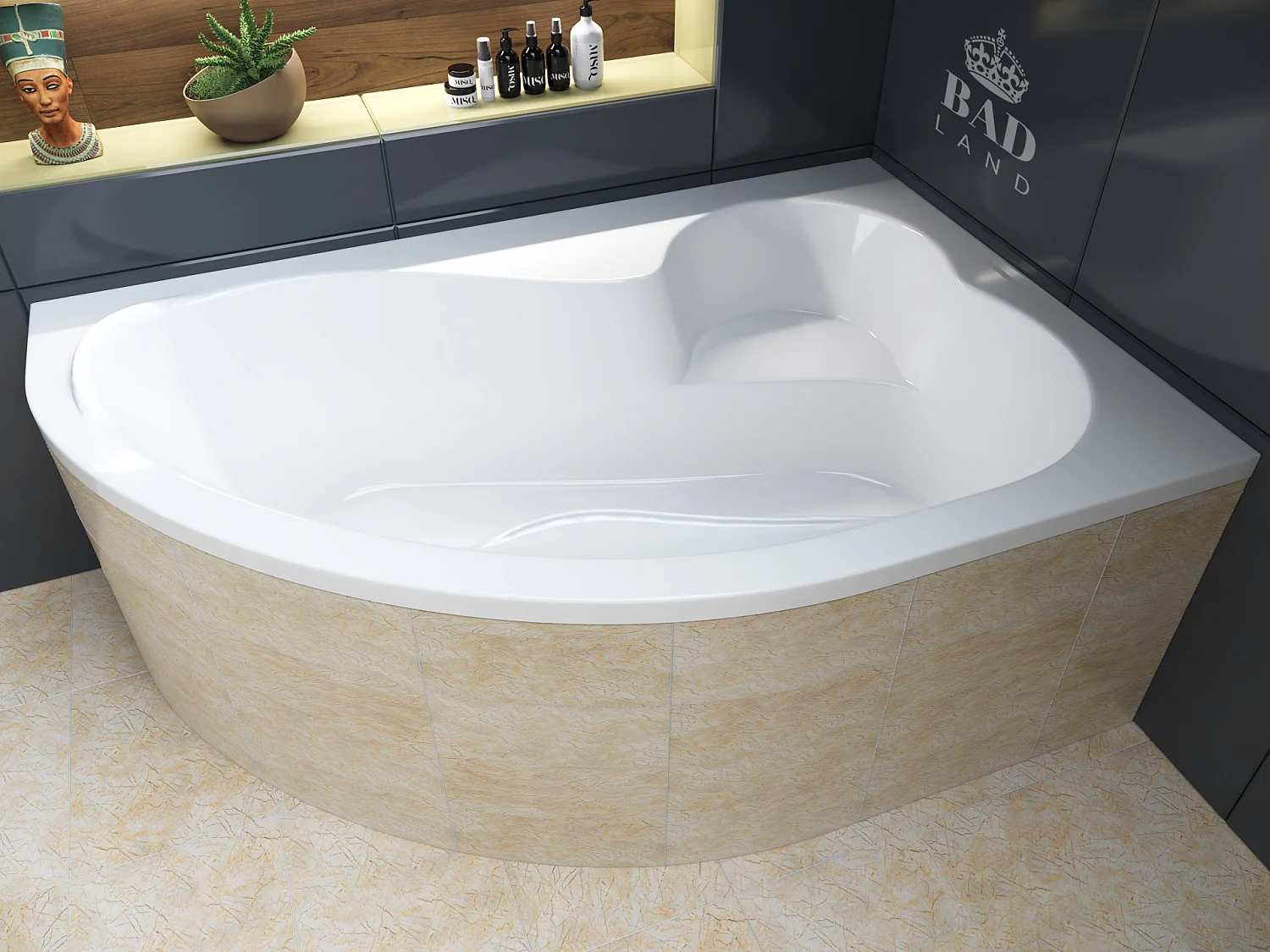 Baignoire asymétrique 160x105 Droite MEGA acrylique blanc, sans Habillage + Pieds + Vidage à chromé