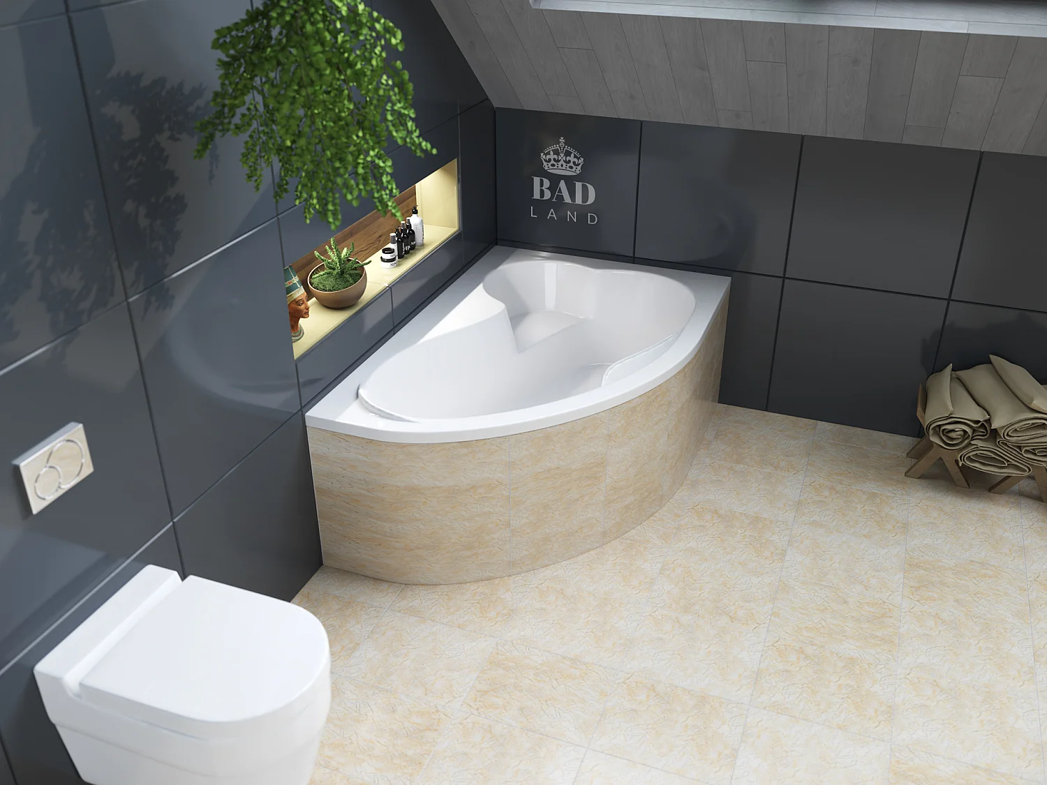 Baignoire asymétrique 160x105 Droite MEGA acrylique blanc, sans Habillage + Pieds + Vidage à chromé