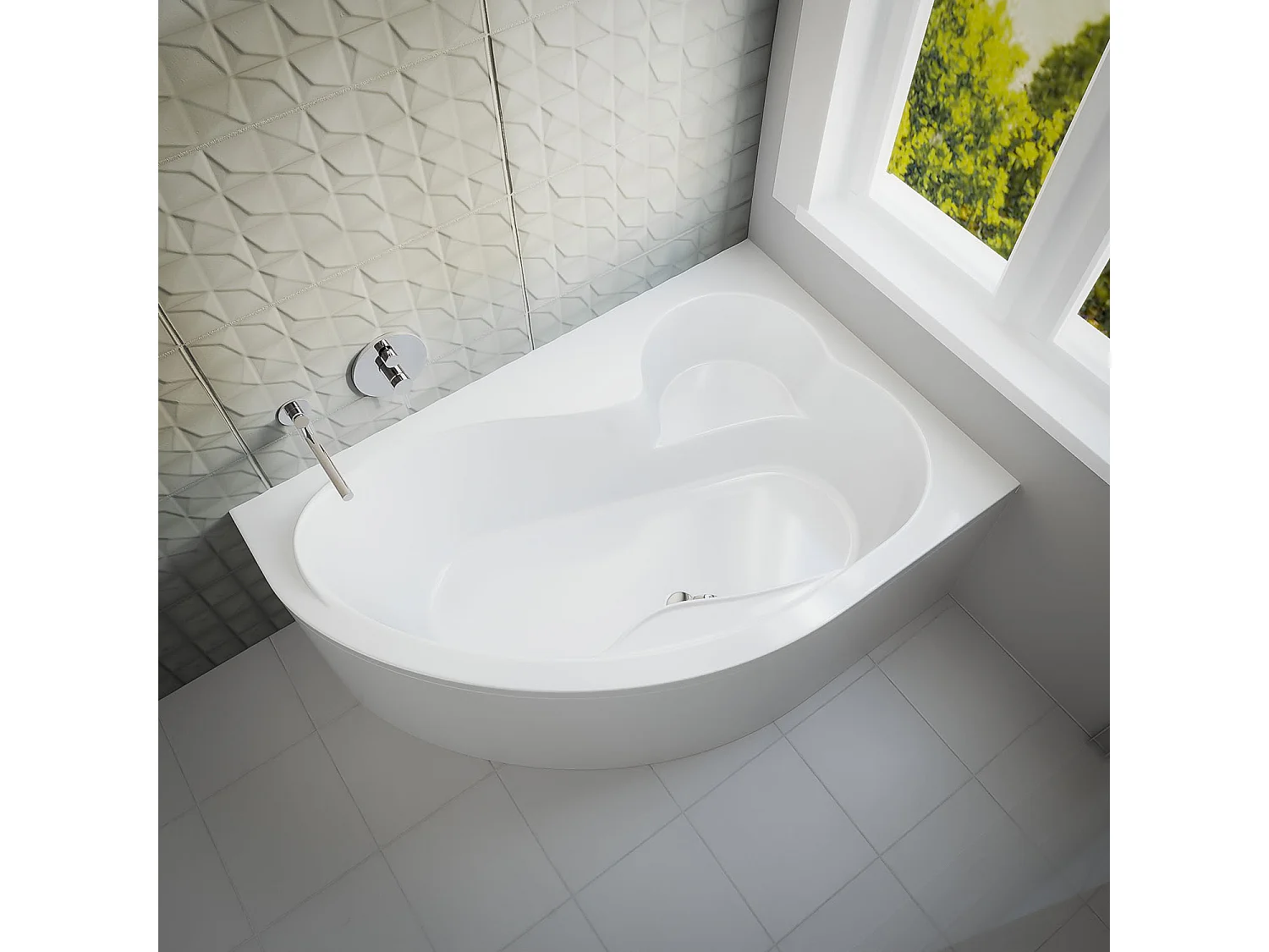 Baignoire asymétrique 160x105 Droite MEGA acrylique blanc, sans Habillage + Pieds + Vidage à chromé