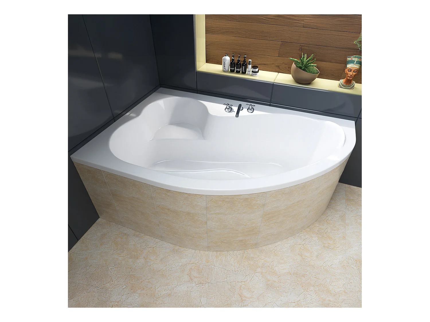 Baignoire asymétrique 160x105 Gauche MEGA acrylique blanc + Habillage en polystyrène + Pieds + Vidage à chromé