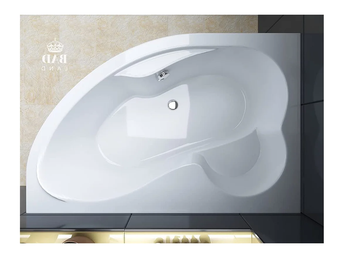 Baignoire asymétrique 160x105 Gauche MEGA acrylique blanc + avec Tablier + Pieds + Vidage à chromé