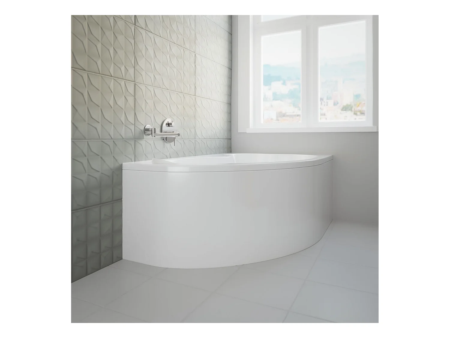 Baignoire asymétrique 160x105 Gauche MEGA acrylique blanc + avec Tablier + Pieds + Vidage à chromé