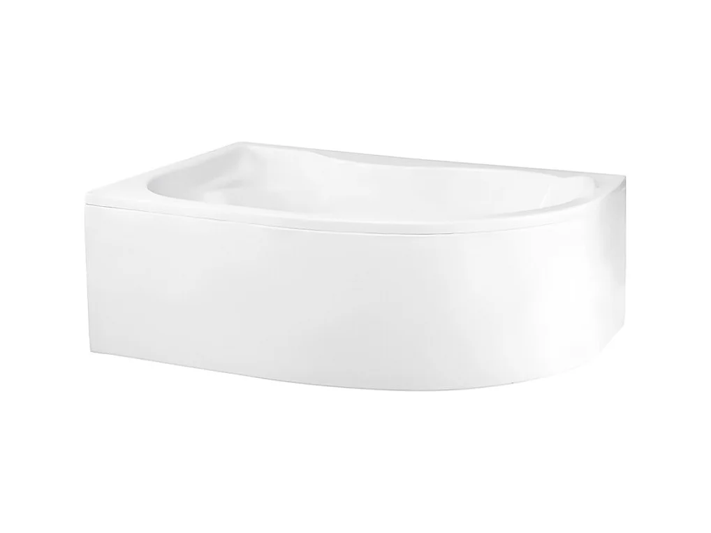 Baignoire asymétrique 160x105 Gauche MEGA acrylique blanc + avec Tablier + Pieds + Vidage à chromé