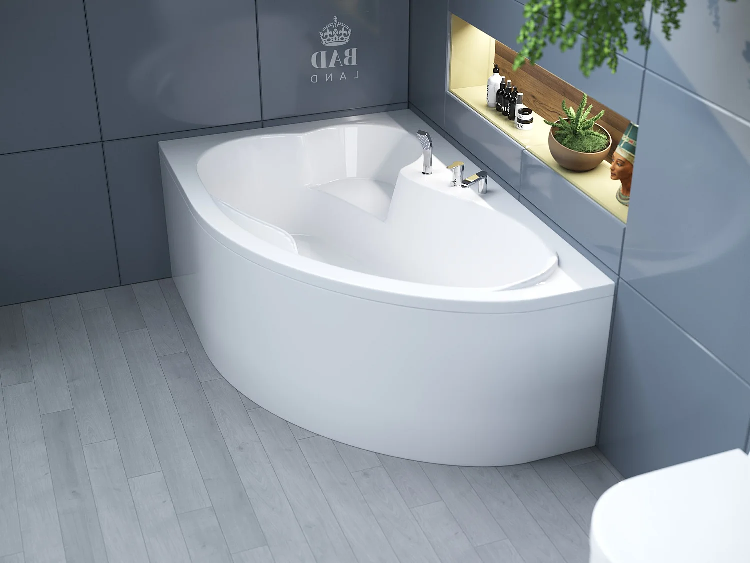 Baignoire asymétrique 160x105 Gauche MEGA acrylique blanc + avec Tablier + Pieds + Vidage à chromé