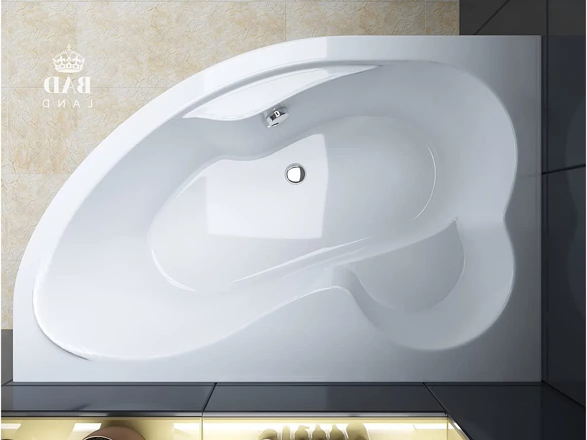 Baignoire asymétrique 160x105 Gauche MEGA acrylique blanc + avec Tablier + Pieds + Vidage à chromé