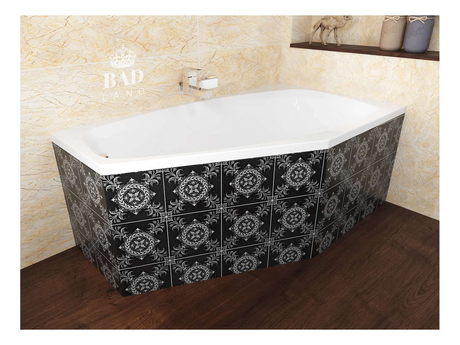 Baignoire asymétrique 140x80 Droite MARIKA acrylique blanc, sans Habillage + Pieds + Vidage à chromé